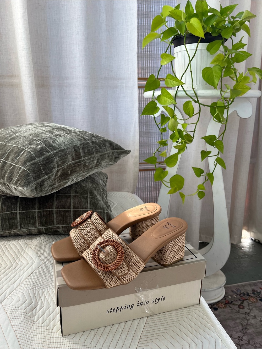 Woven Tan Block Heel Mules with Decorative Buckle